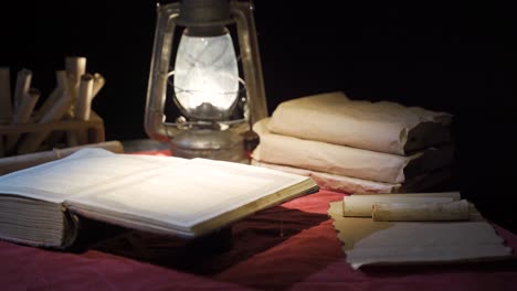 Historical-period-book-in-the-light-of-kerosene-lamp.
